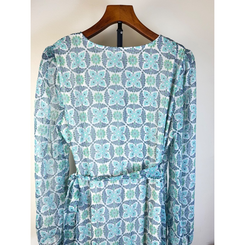 Lovestitch Teal Blue Geometric Floral Print Wrap Maxi Dress Long Sleeve L Sheer - Picture 15 of 16